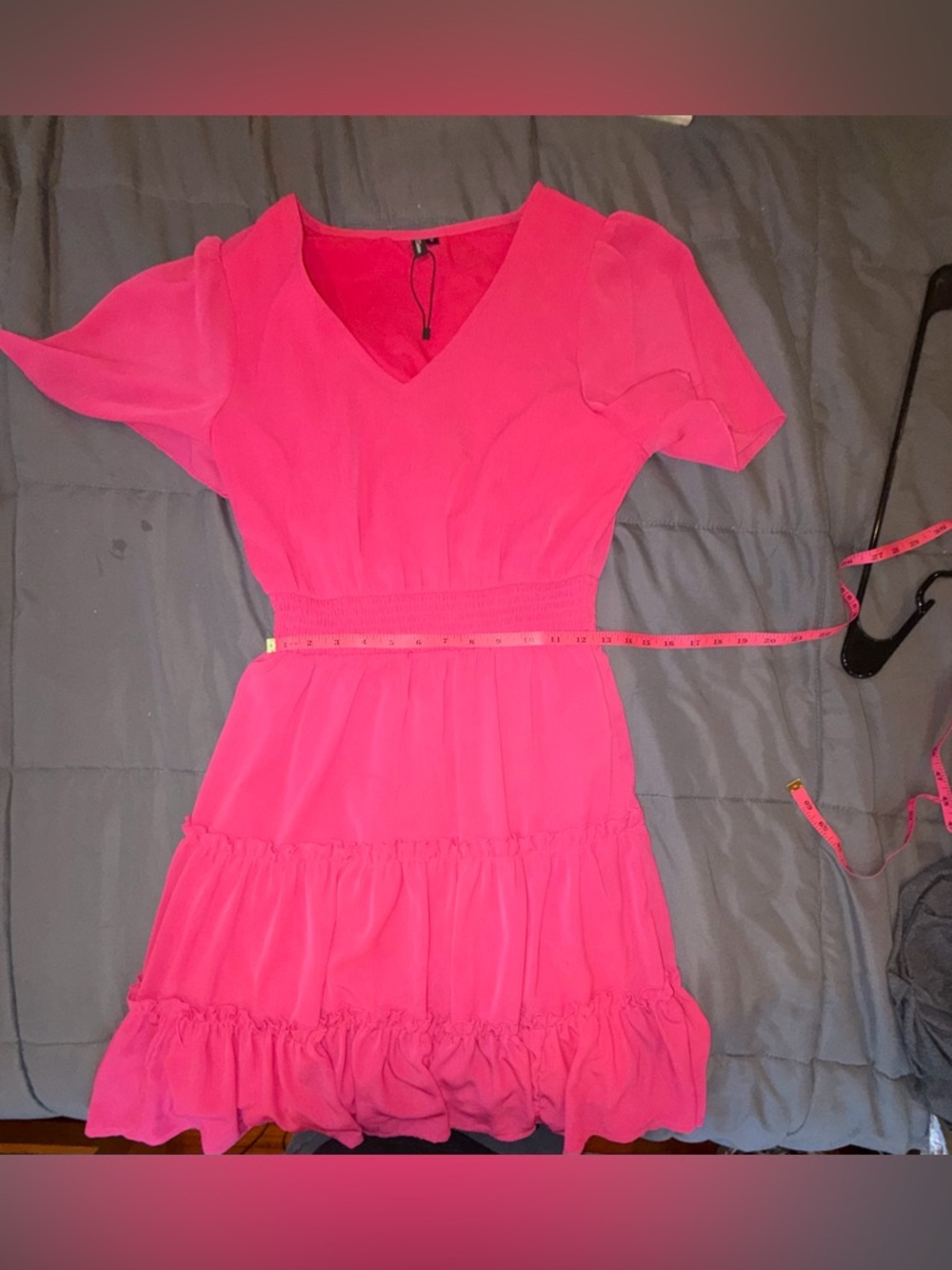 Zattcas Hot Pink Ruffle Tiered Dress Size Small | Flutter Sleeve - Picture 6 of 7